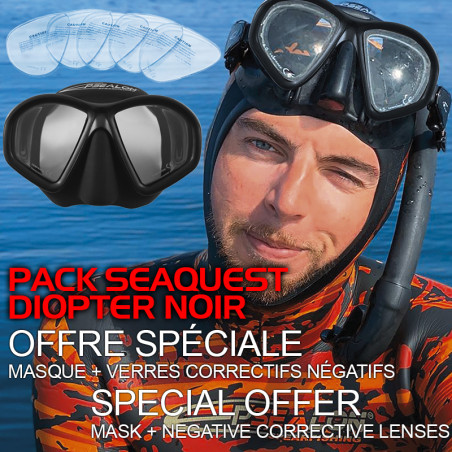 Pack masque Seaquest Diopter noir + lentilles correctives négatives